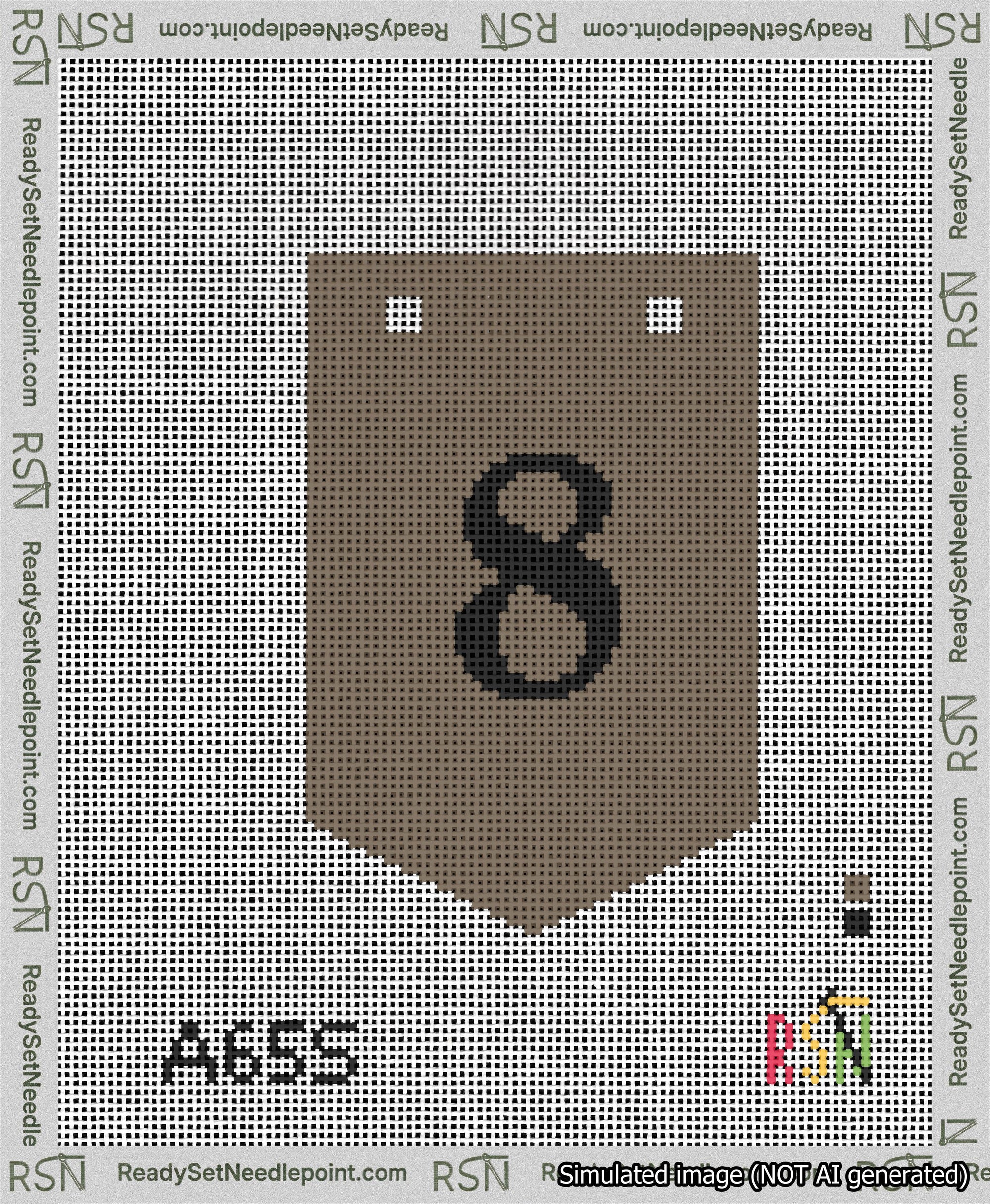 A taped needlepoint canvas with the design: Banner 13 mesh count Pointed 8 Black on Brown.