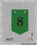 A taped needlepoint canvas with the design: Banner 13 mesh count Pointed 8 Black on Green.
