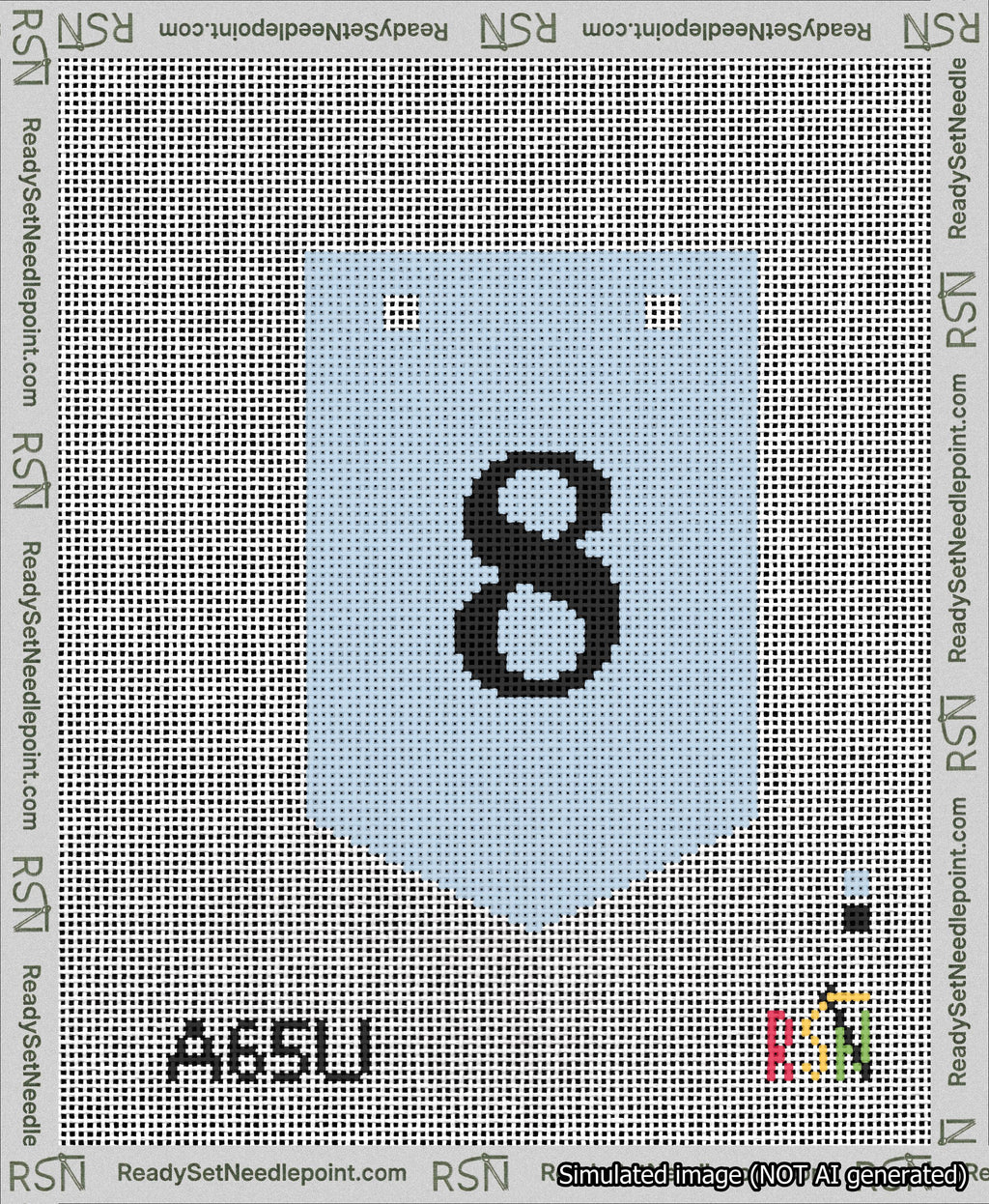 A taped needlepoint canvas with the design: Banner 13 mesh count Pointed 8 Black on Light Blue.