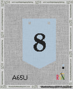 A taped needlepoint canvas with the design: Banner 13 mesh count Pointed 8 Black on Light Blue.