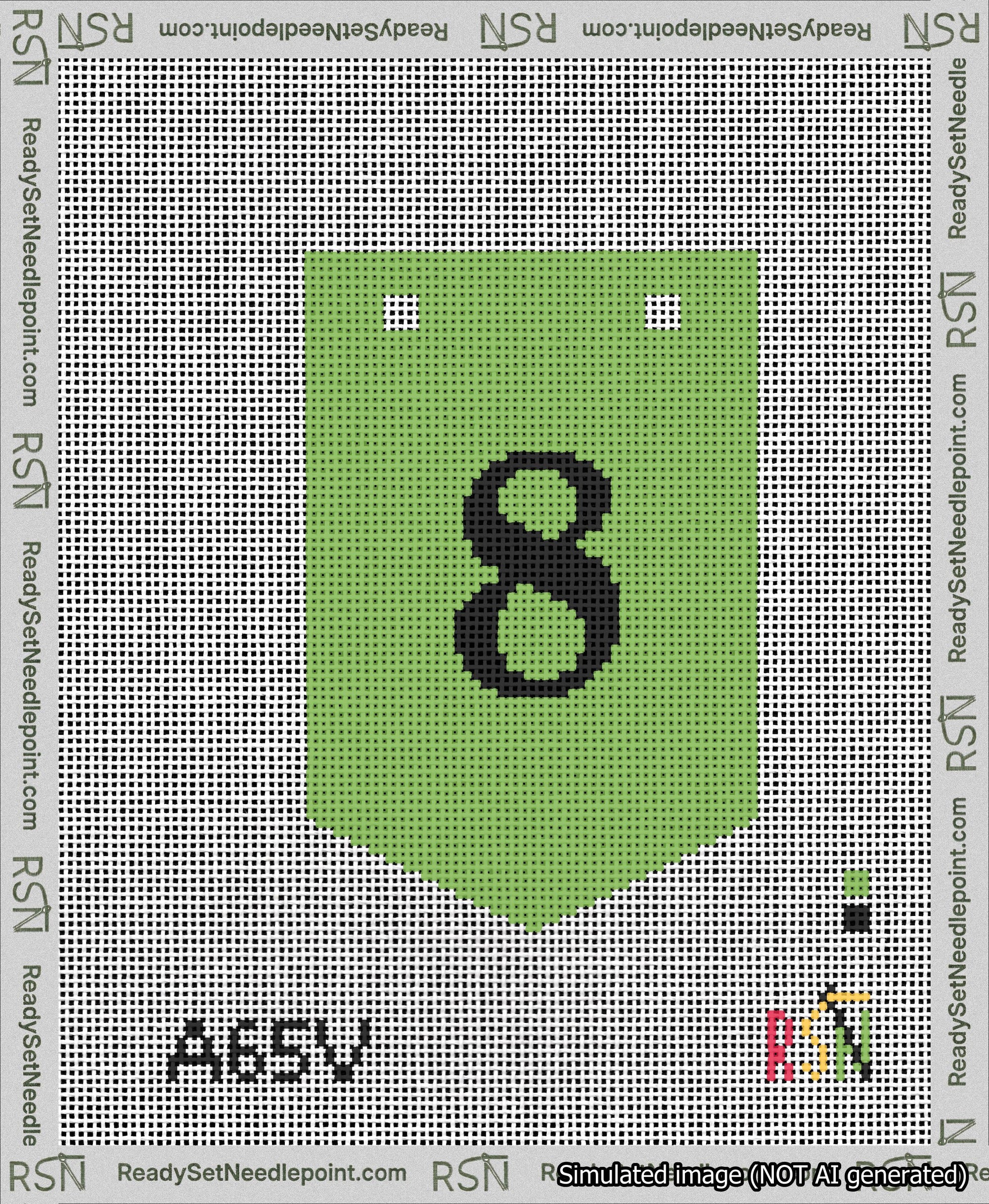 A taped needlepoint canvas with the design: Banner 13 mesh count Pointed 8 Black on Light Green.
