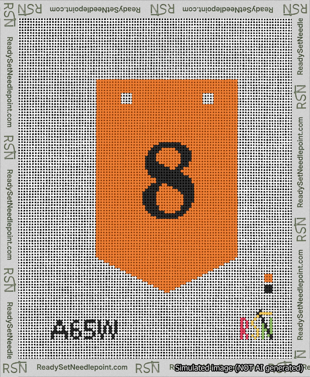 A taped needlepoint canvas with the design: Banner 13 mesh count Pointed 8 Black on Orange.