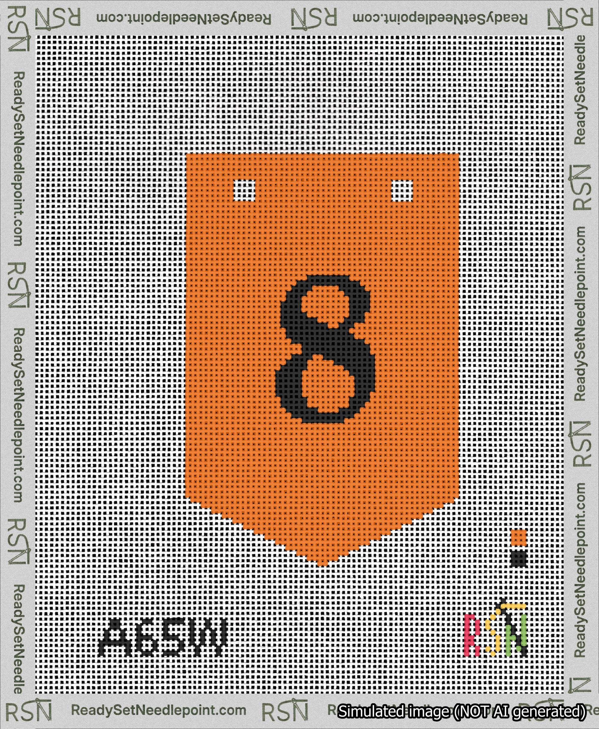 A taped needlepoint canvas with the design: Banner 13 mesh count Pointed 8 Black on Orange.