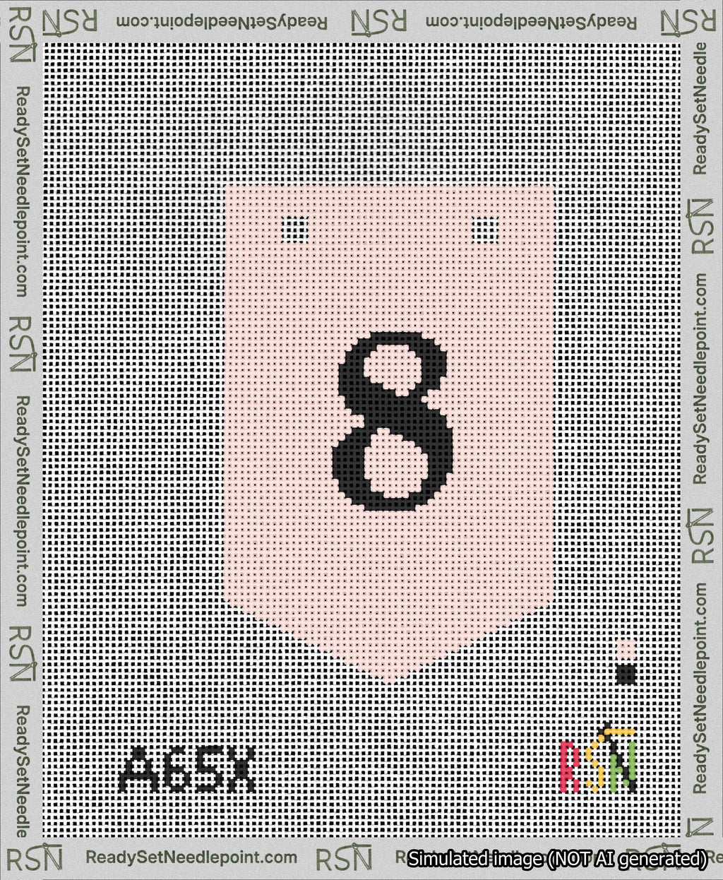 A taped needlepoint canvas with the design: Banner 13 mesh count Pointed 8 Black on Pink.