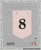 A taped needlepoint canvas with the design: Banner 13 mesh count Pointed 8 Black on Pink.