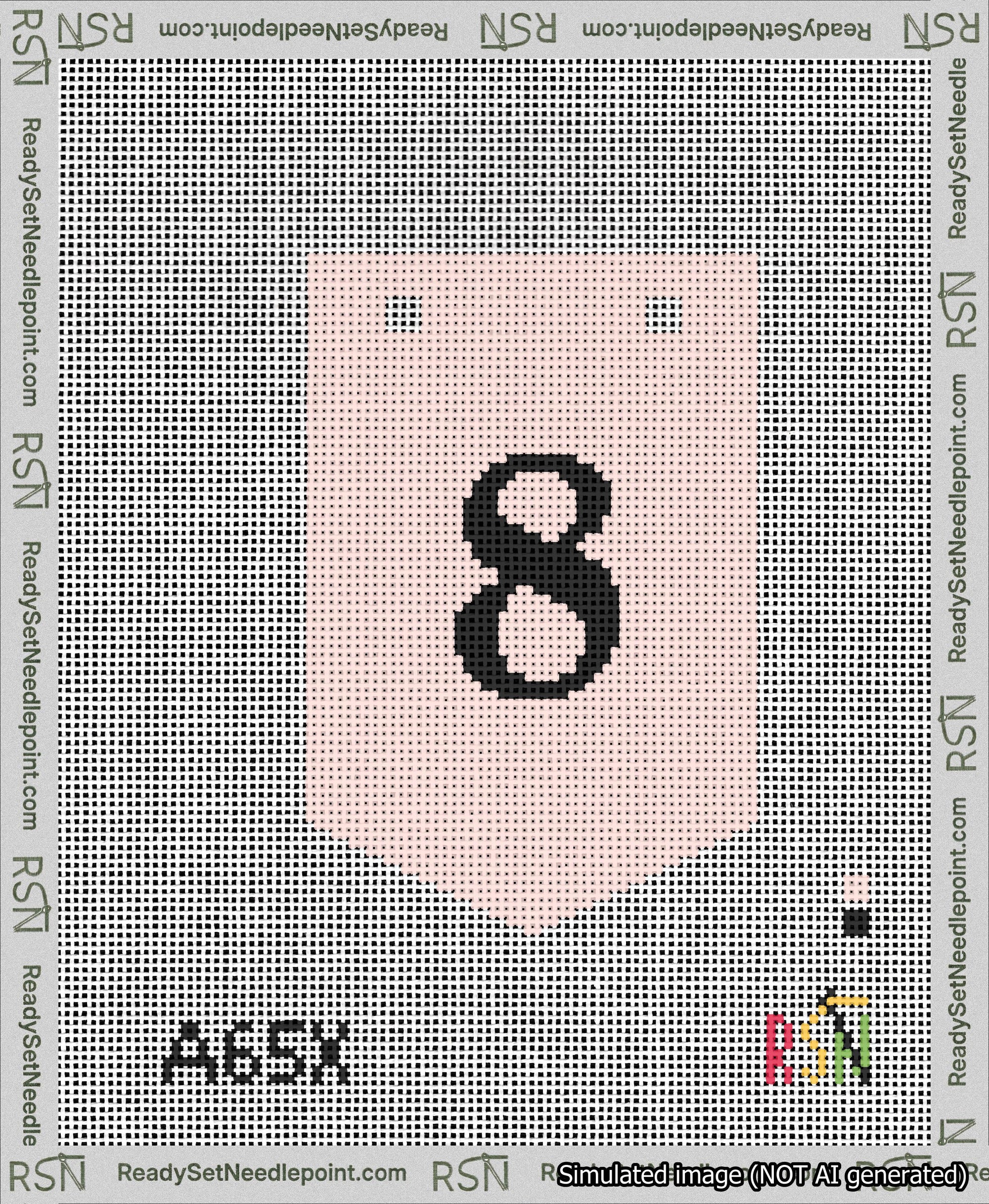 A taped needlepoint canvas with the design: Banner 13 mesh count Pointed 8 Black on Pink.