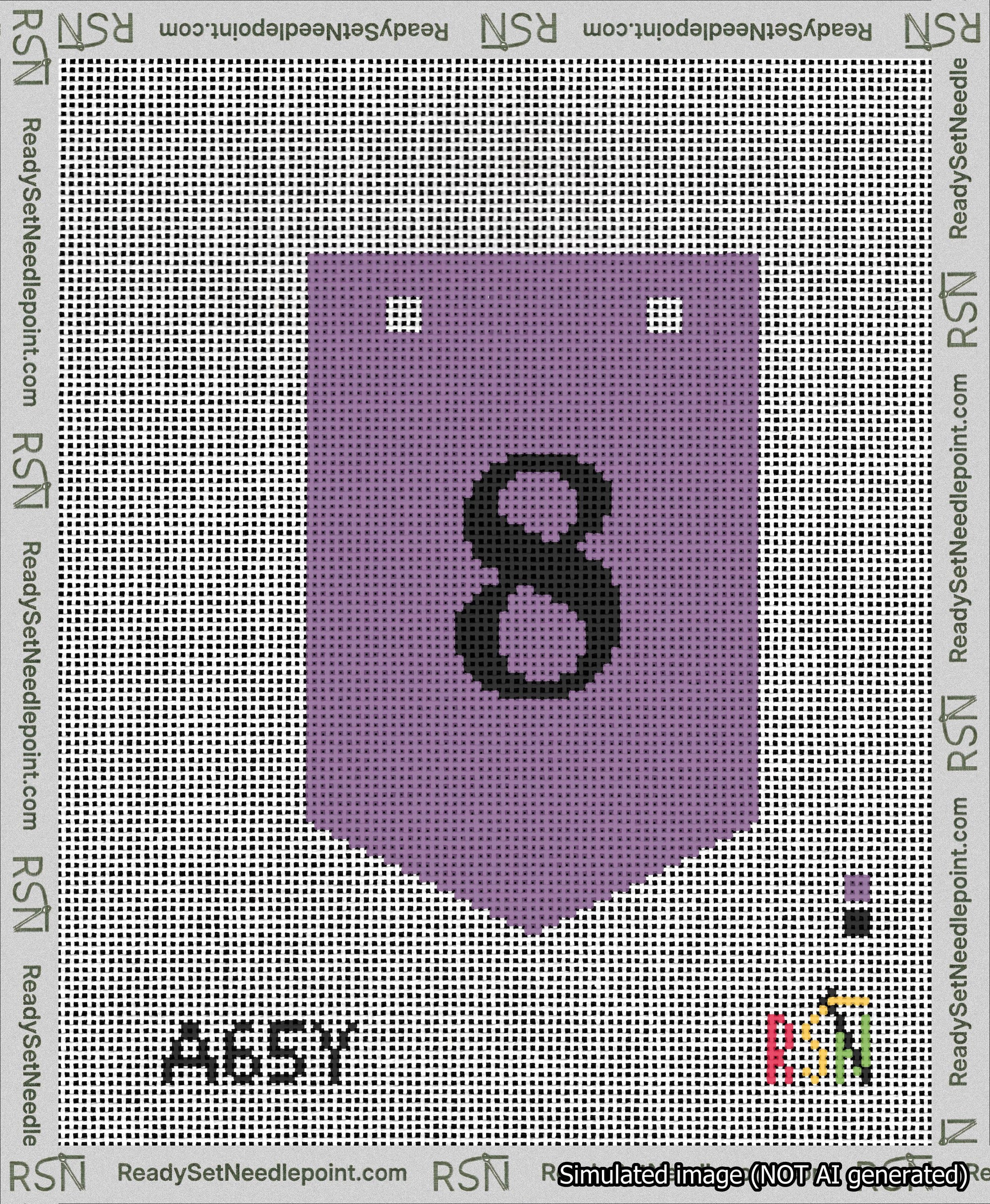A taped needlepoint canvas with the design: Banner 13 mesh count Pointed 8 Black on Purple.