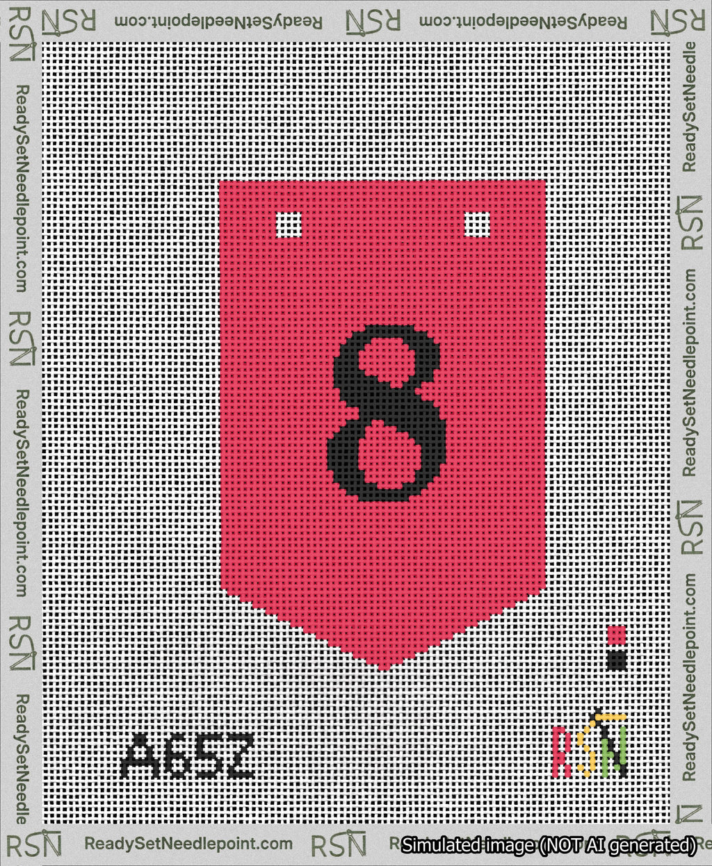 A taped needlepoint canvas with the design: Banner 13 mesh count Pointed 8 Black on Red.