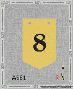 A taped needlepoint canvas with the design: Banner 13 mesh count Pointed 8 Black on Yellow.