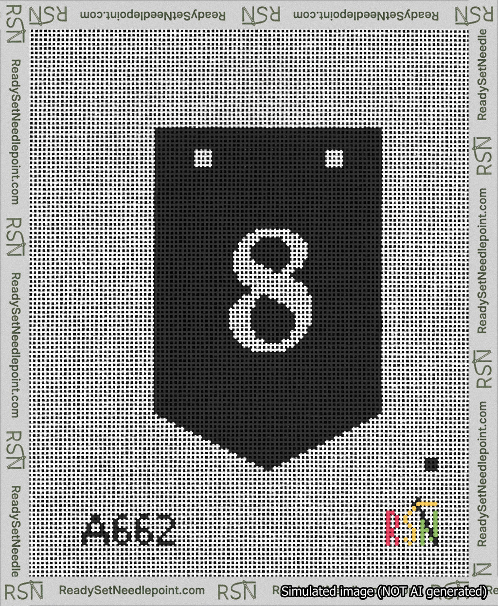 A taped needlepoint canvas with the design: Banner 13 mesh count Pointed 8 White on Black.