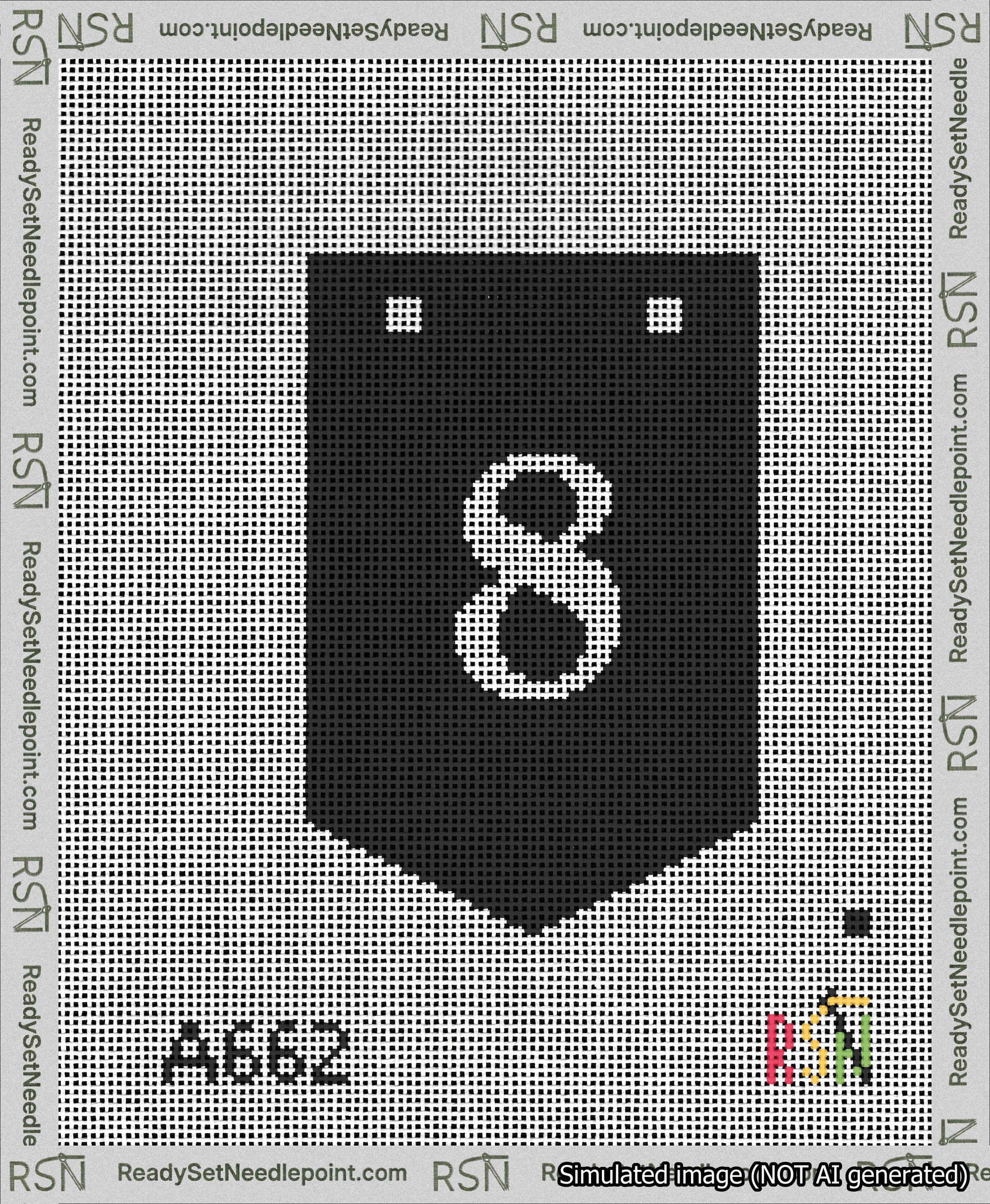 A taped needlepoint canvas with the design: Banner 13 mesh count Pointed 8 White on Black.