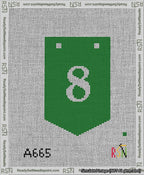 A taped needlepoint canvas with the design: Banner 13 mesh count Pointed 8 White on Green.