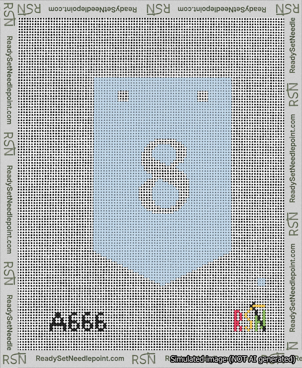 A taped needlepoint canvas with the design: Banner 13 mesh count Pointed 8 White on Light Blue.