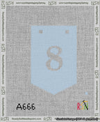 A taped needlepoint canvas with the design: Banner 13 mesh count Pointed 8 White on Light Blue.