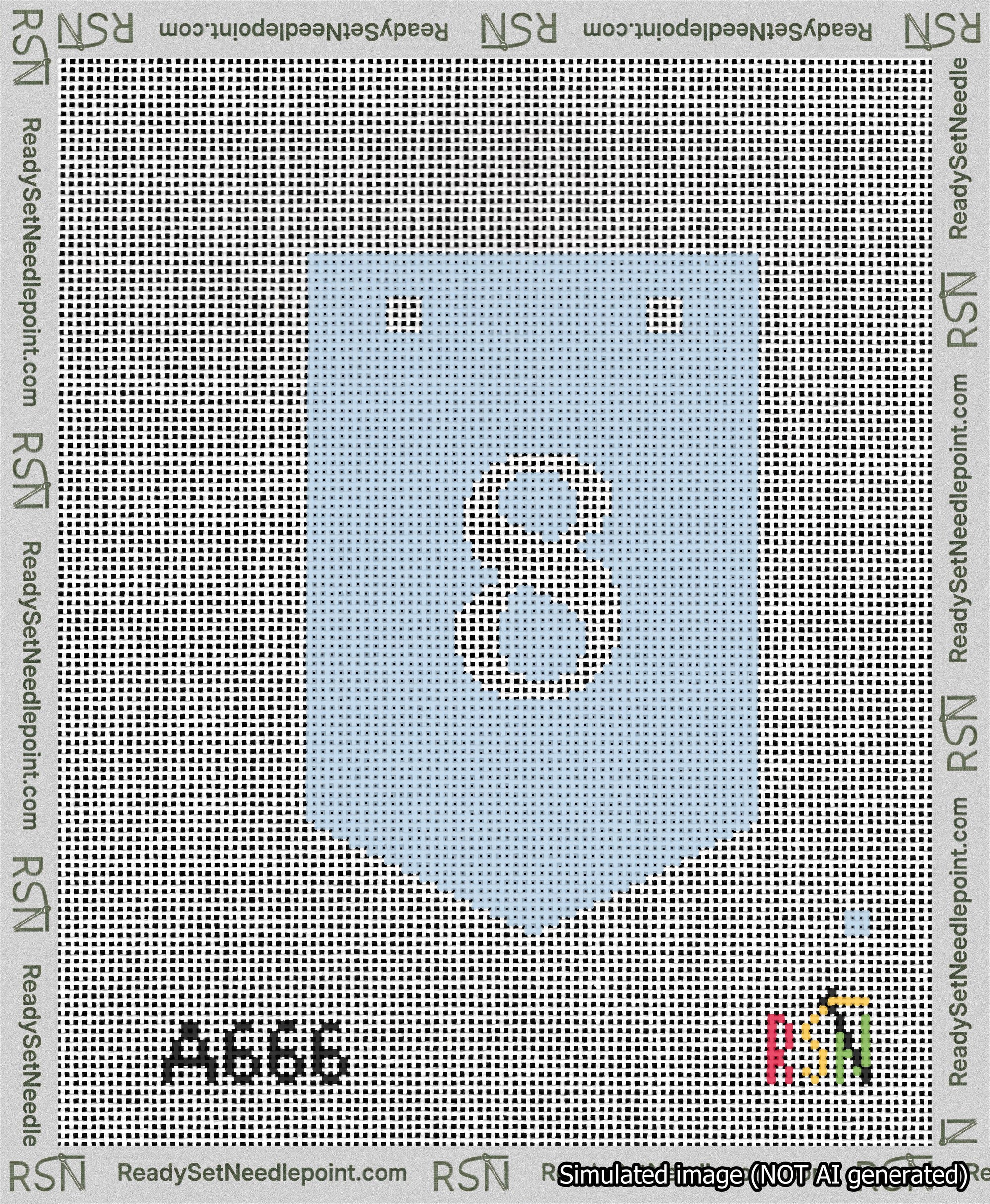A taped needlepoint canvas with the design: Banner 13 mesh count Pointed 8 White on Light Blue.