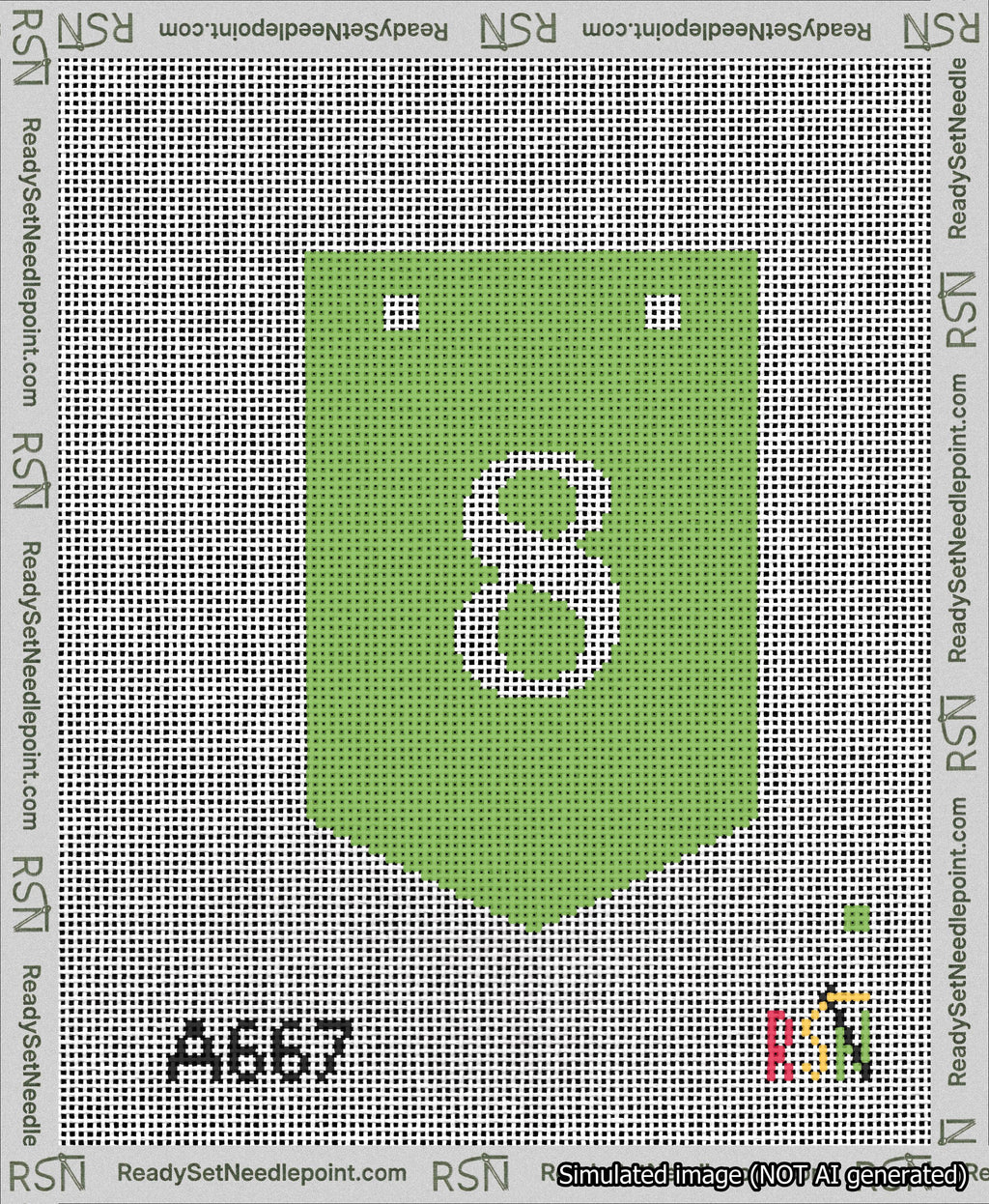 A taped needlepoint canvas with the design: Banner 13 mesh count Pointed 8 White on Light Green.