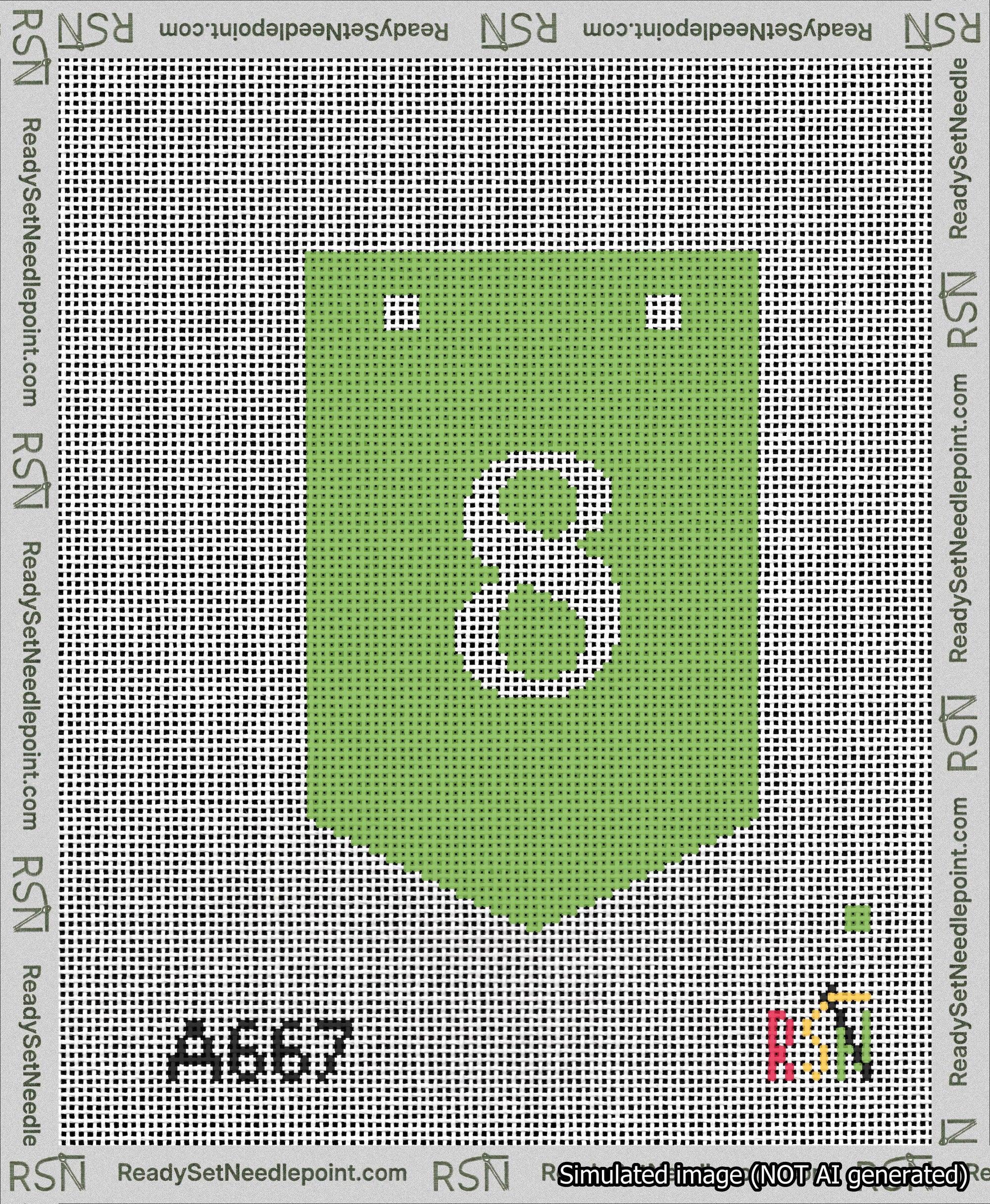 A taped needlepoint canvas with the design: Banner 13 mesh count Pointed 8 White on Light Green.