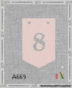 A taped needlepoint canvas with the design: Banner 13 mesh count Pointed 8 White on Pink.