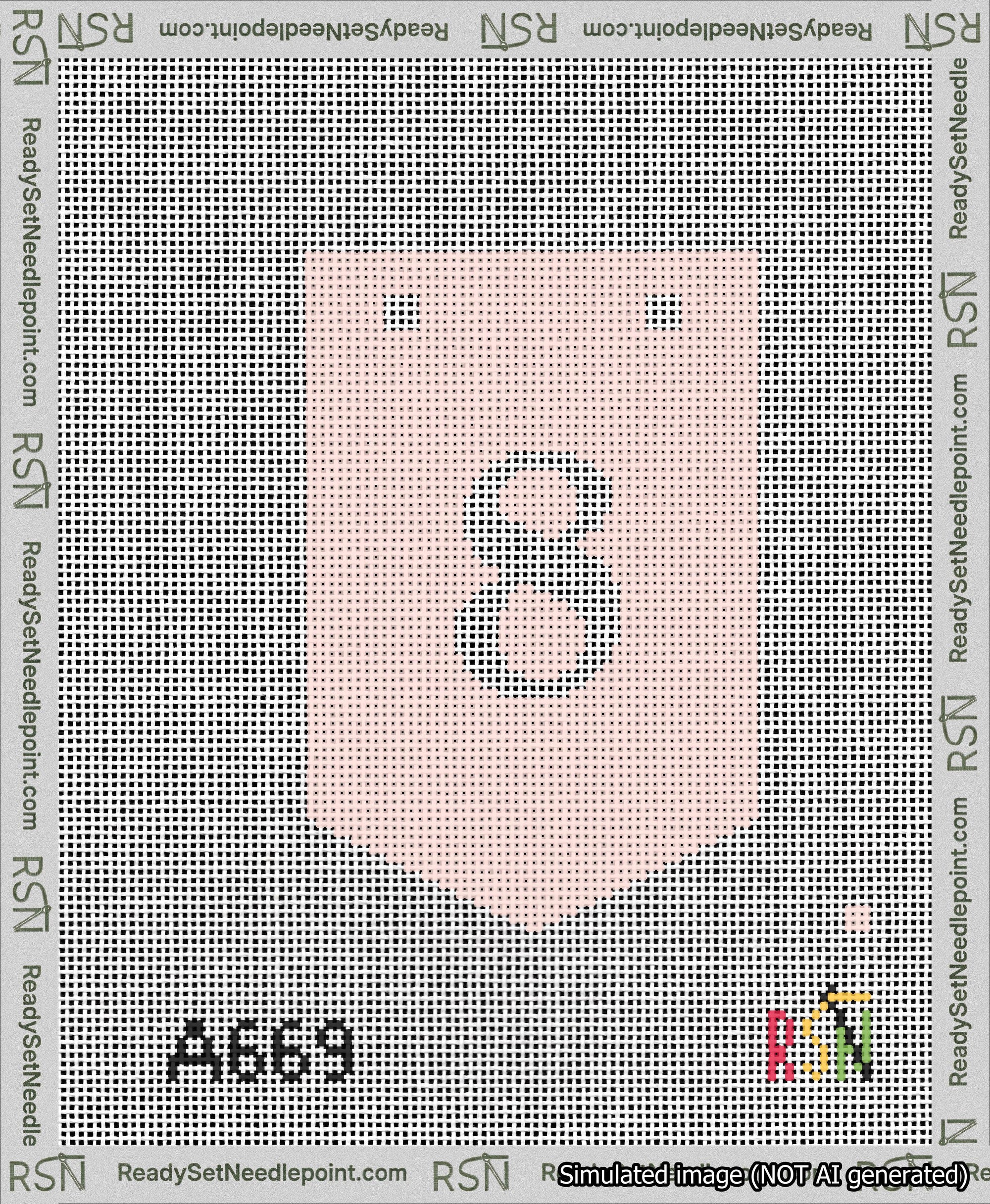 A taped needlepoint canvas with the design: Banner 13 mesh count Pointed 8 White on Pink.