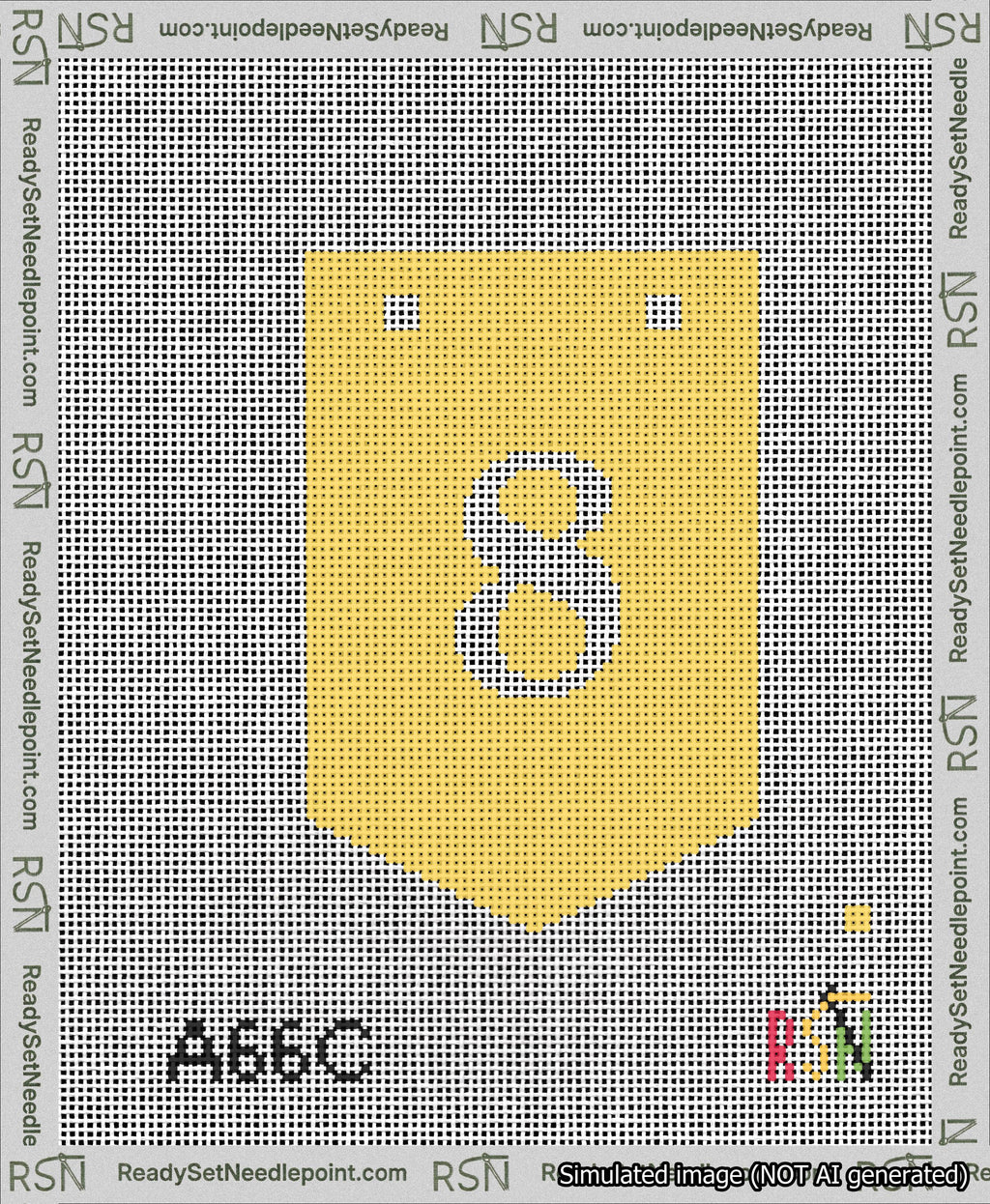 A taped needlepoint canvas with the design: Banner 13 mesh count Pointed 8 White on Yellow.