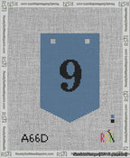 A taped needlepoint canvas with the design: Banner 13 mesh count Pointed 9 Black on Blue.