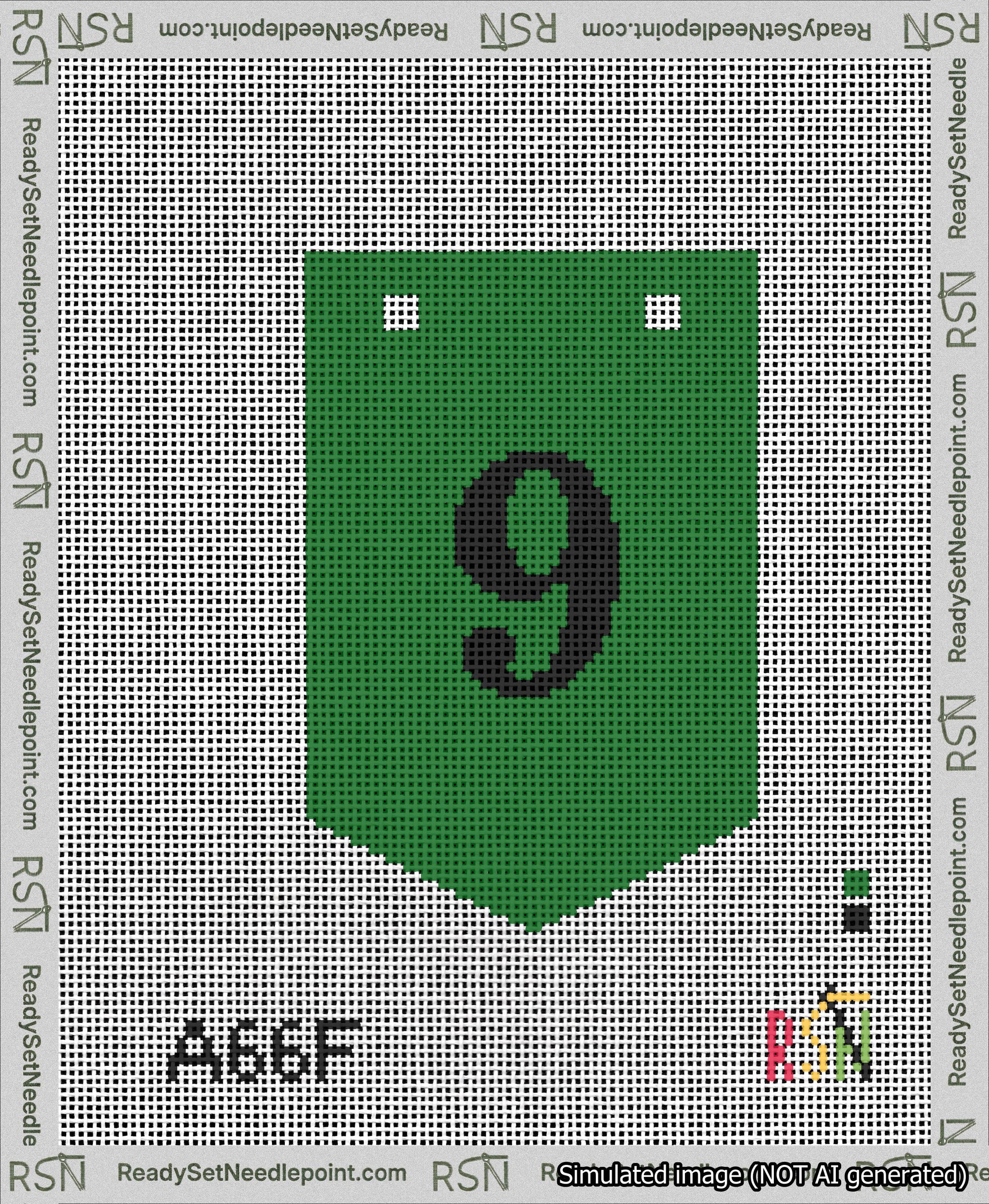 A taped needlepoint canvas with the design: Banner 13 mesh count Pointed 9 Black on Green.
