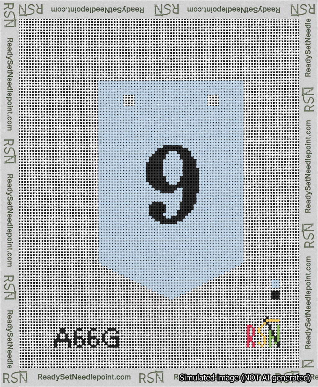 A taped needlepoint canvas with the design: Banner 13 mesh count Pointed 9 Black on Light Blue.