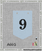 A taped needlepoint canvas with the design: Banner 13 mesh count Pointed 9 Black on Light Blue.
