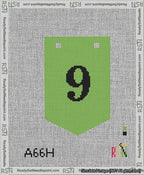 A taped needlepoint canvas with the design: Banner 13 mesh count Pointed 9 Black on Light Green.