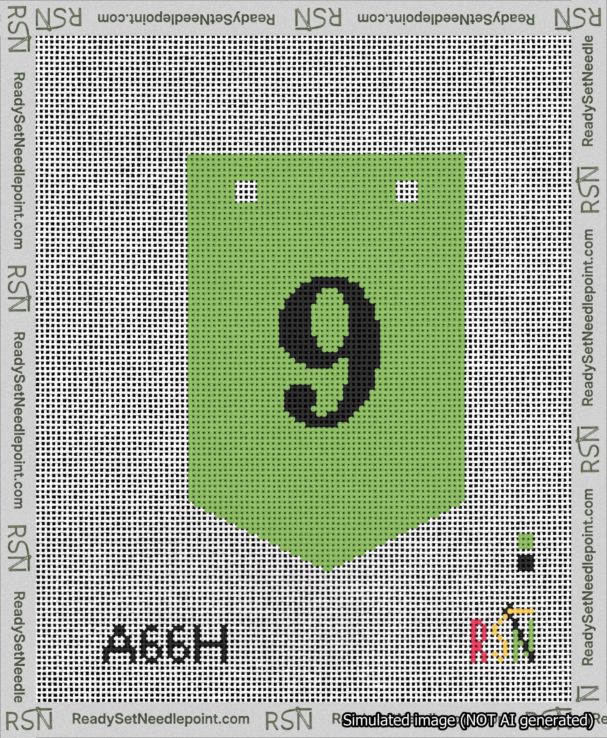 A taped needlepoint canvas with the design: Banner 13 mesh count Pointed 9 Black on Light Green.