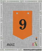 A taped needlepoint canvas with the design: Banner 13 mesh count Pointed 9 Black on Orange.