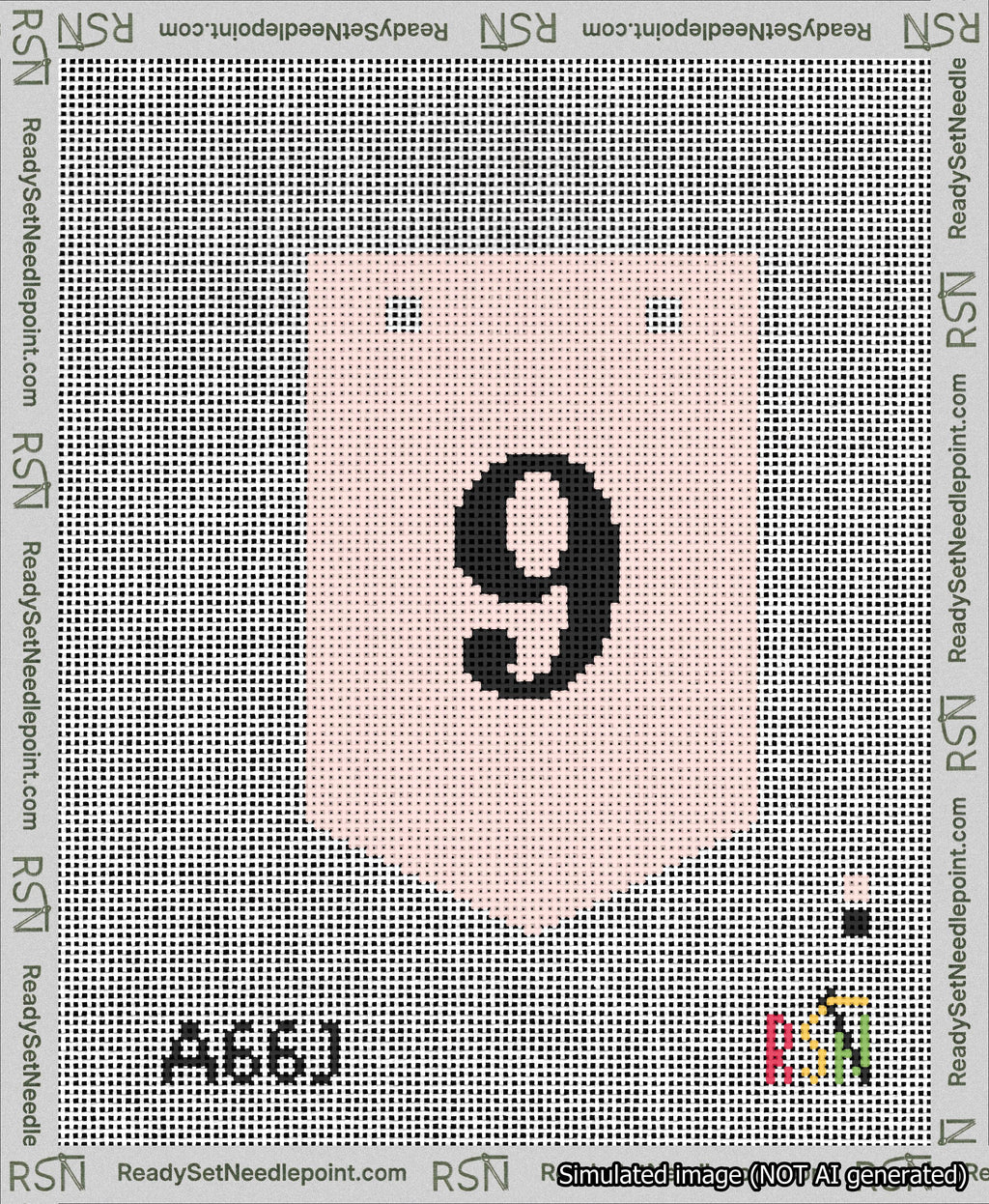 A taped needlepoint canvas with the design: Banner 13 mesh count Pointed 9 Black on Pink.