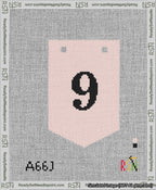 A taped needlepoint canvas with the design: Banner 13 mesh count Pointed 9 Black on Pink.