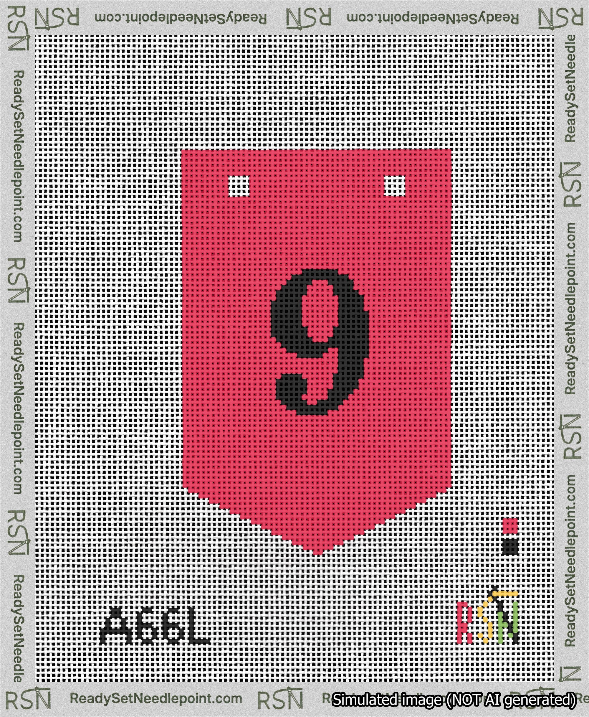 A taped needlepoint canvas with the design: Banner 13 mesh count Pointed 9 Black on Red.