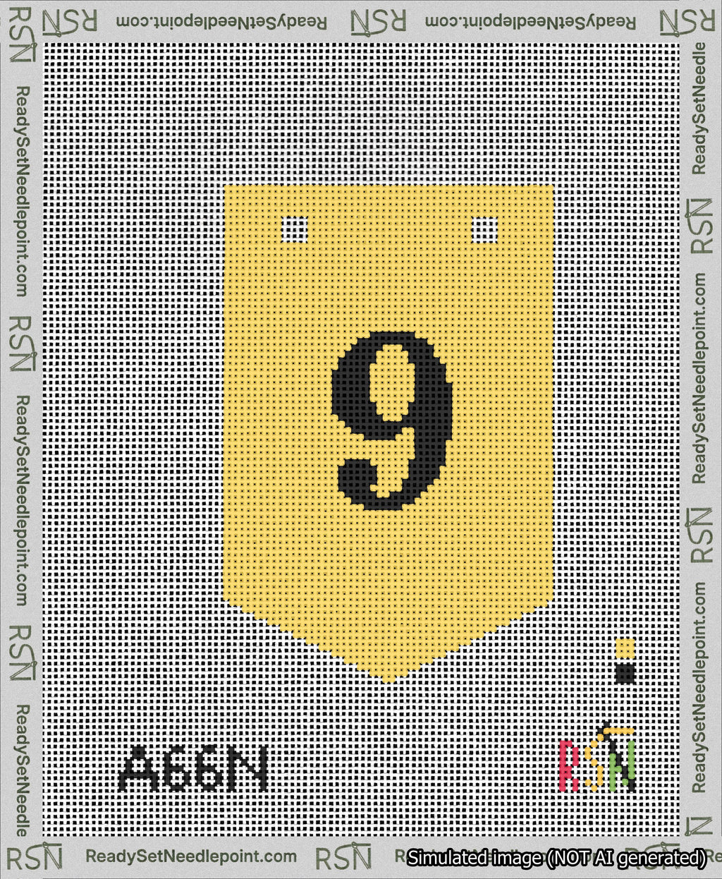 A taped needlepoint canvas with the design: Banner 13 mesh count Pointed 9 Black on Yellow.