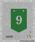 A taped needlepoint canvas with the design: Banner 13 mesh count Pointed 9 White on Green.
