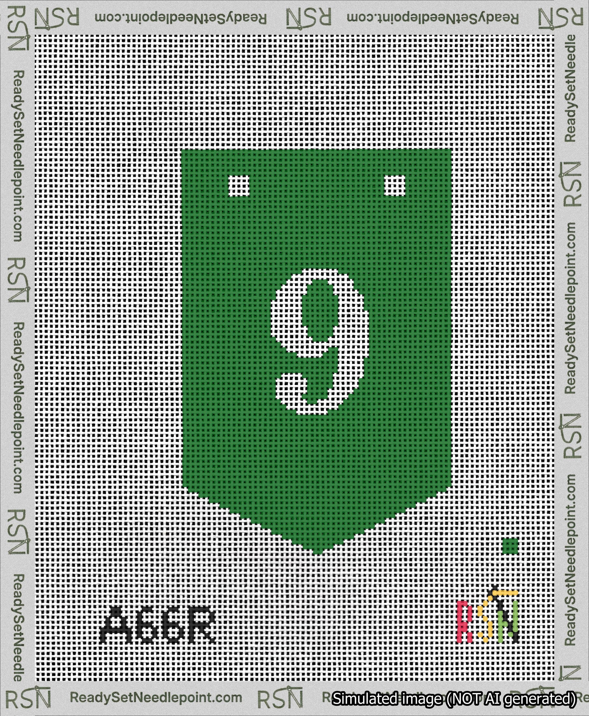 A taped needlepoint canvas with the design: Banner 13 mesh count Pointed 9 White on Green.