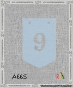 A taped needlepoint canvas with the design: Banner 13 mesh count Pointed 9 White on Light Blue.