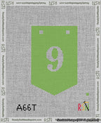 A taped needlepoint canvas with the design: Banner 13 mesh count Pointed 9 White on Light Green.