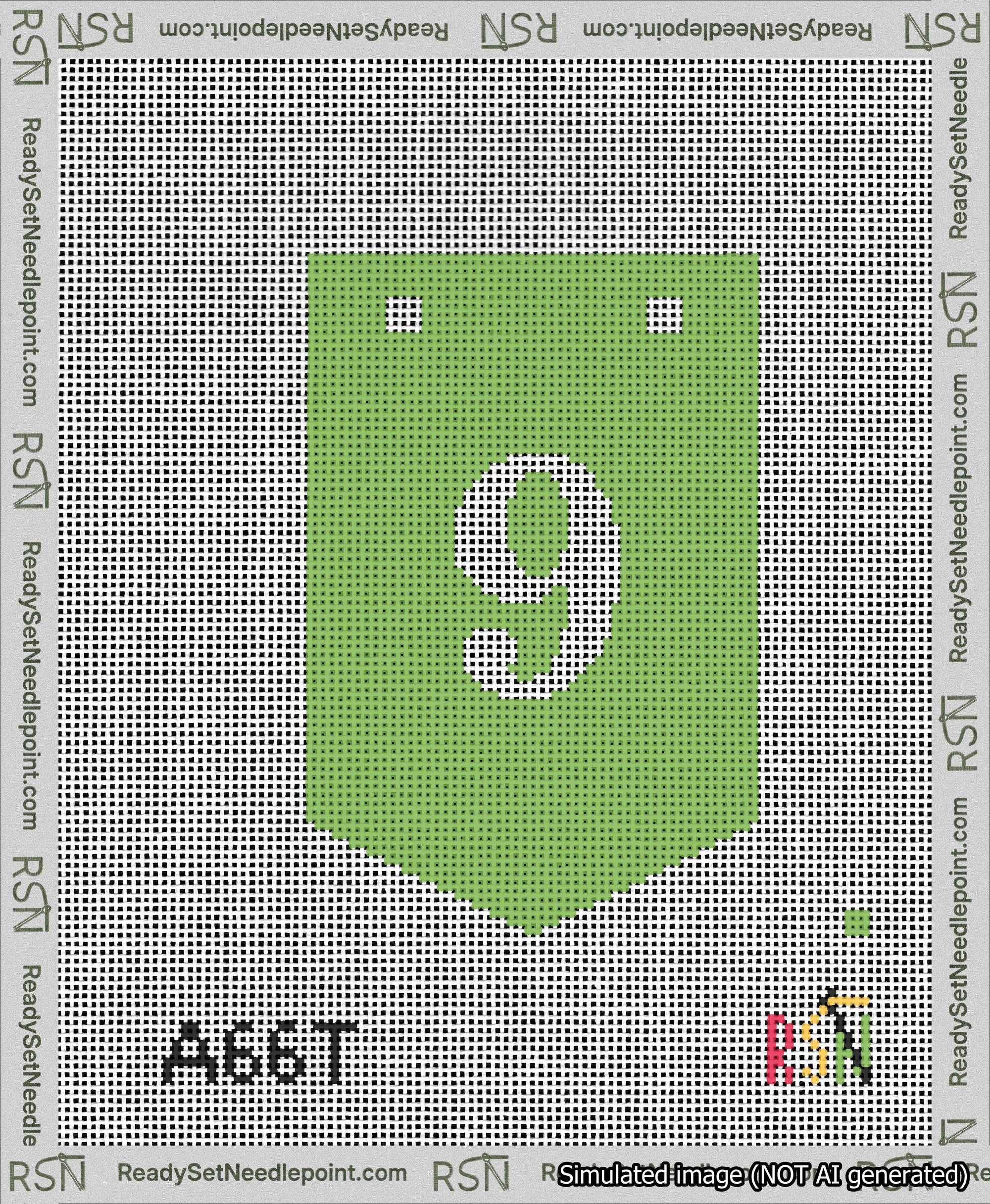 A taped needlepoint canvas with the design: Banner 13 mesh count Pointed 9 White on Light Green.