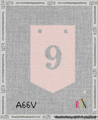 A taped needlepoint canvas with the design: Banner 13 mesh count Pointed 9 White on Pink.