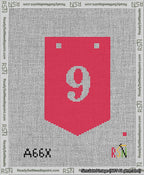 A taped needlepoint canvas with the design: Banner 13 mesh count Pointed 9 White on Red.