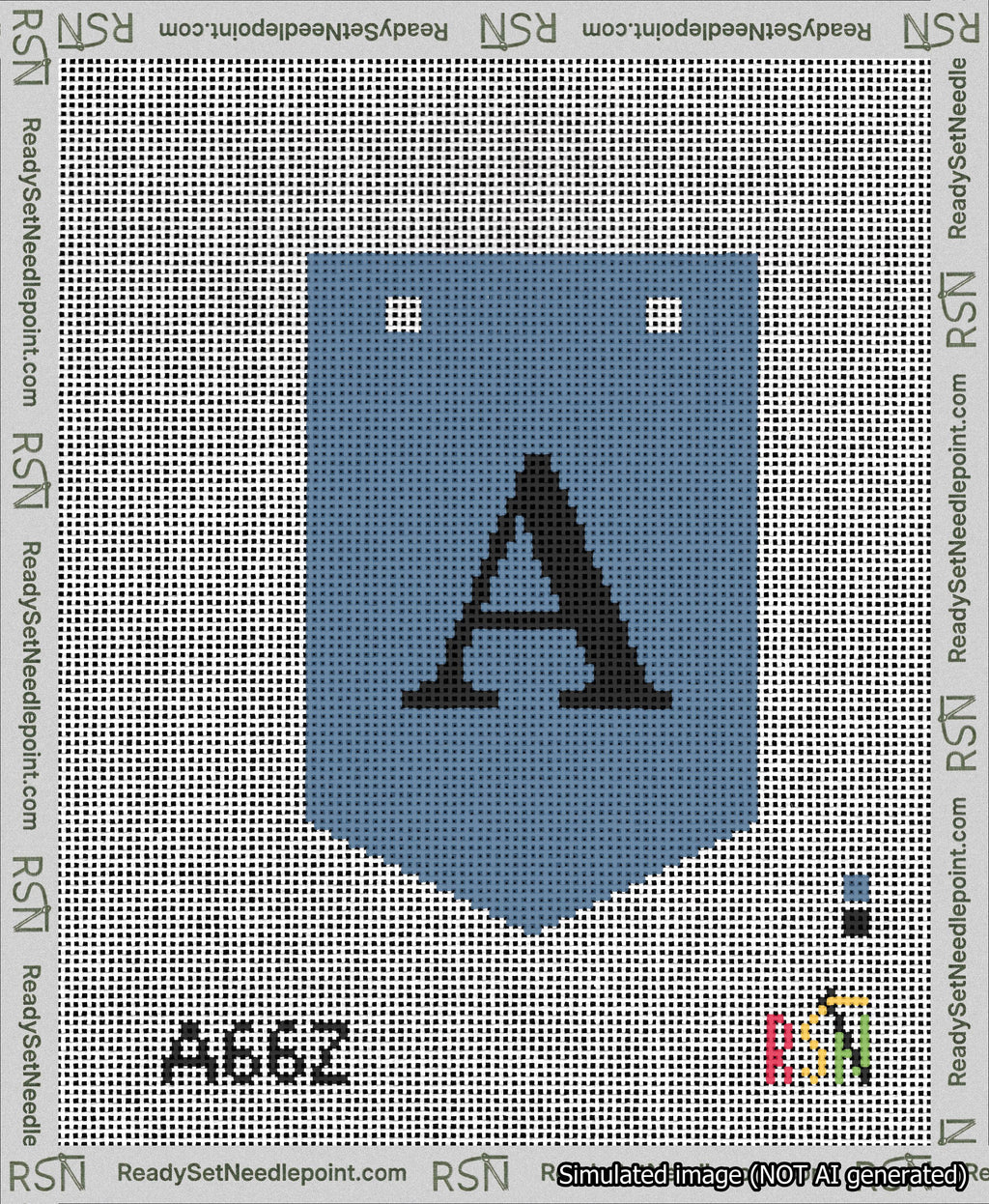 A taped needlepoint canvas with the design: Banner 13 mesh count Pointed A Black on Blue.