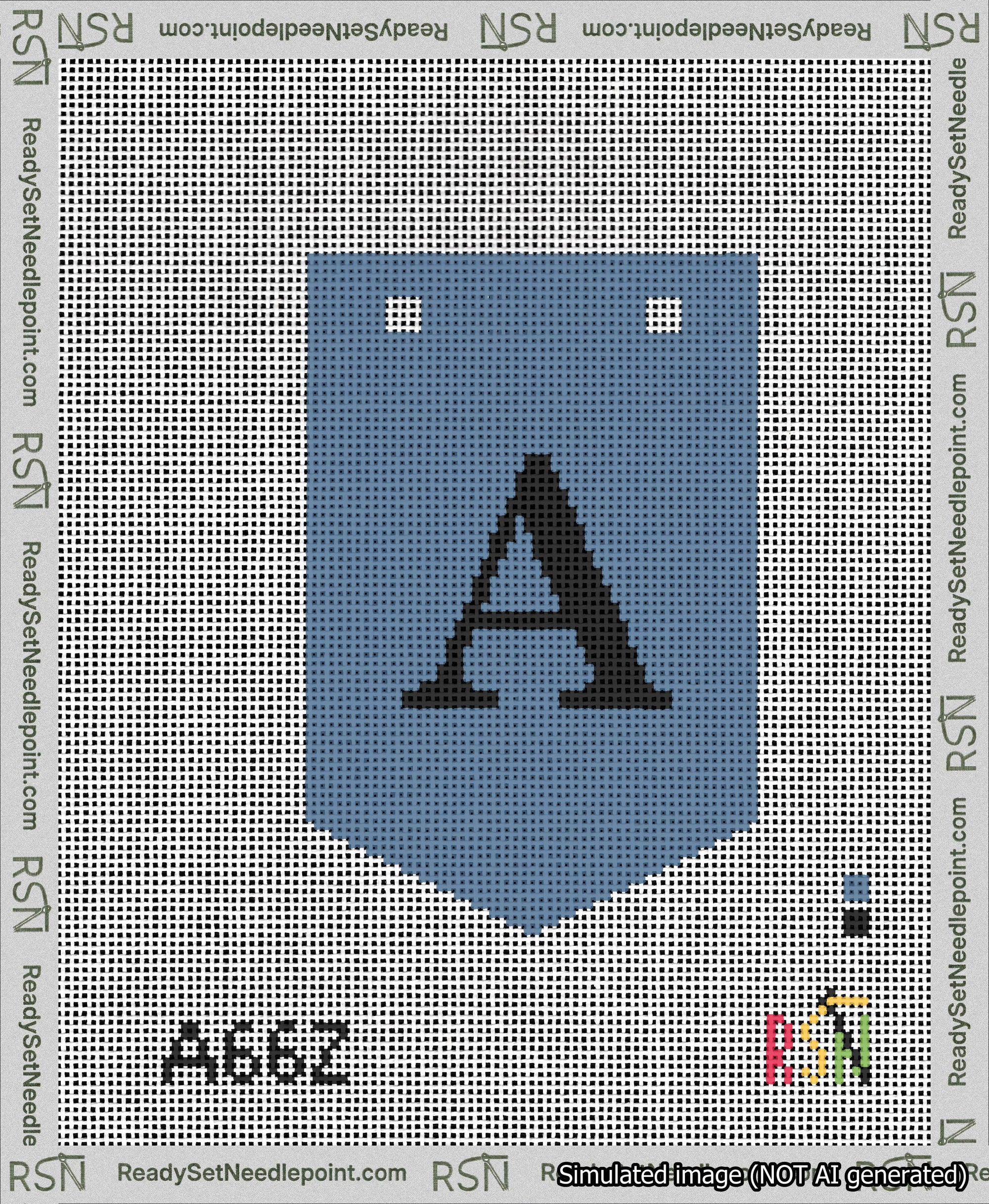 A taped needlepoint canvas with the design: Banner 13 mesh count Pointed A Black on Blue.