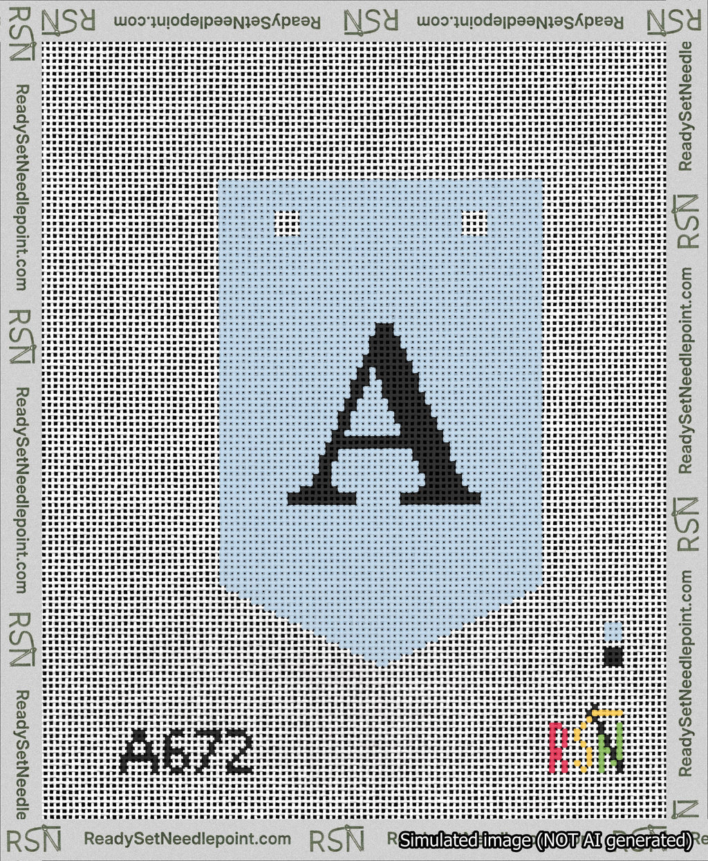 A taped needlepoint canvas with the design: Banner 13 mesh count Pointed A Black on Light Blue.