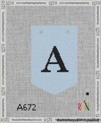 A taped needlepoint canvas with the design: Banner 13 mesh count Pointed A Black on Light Blue.