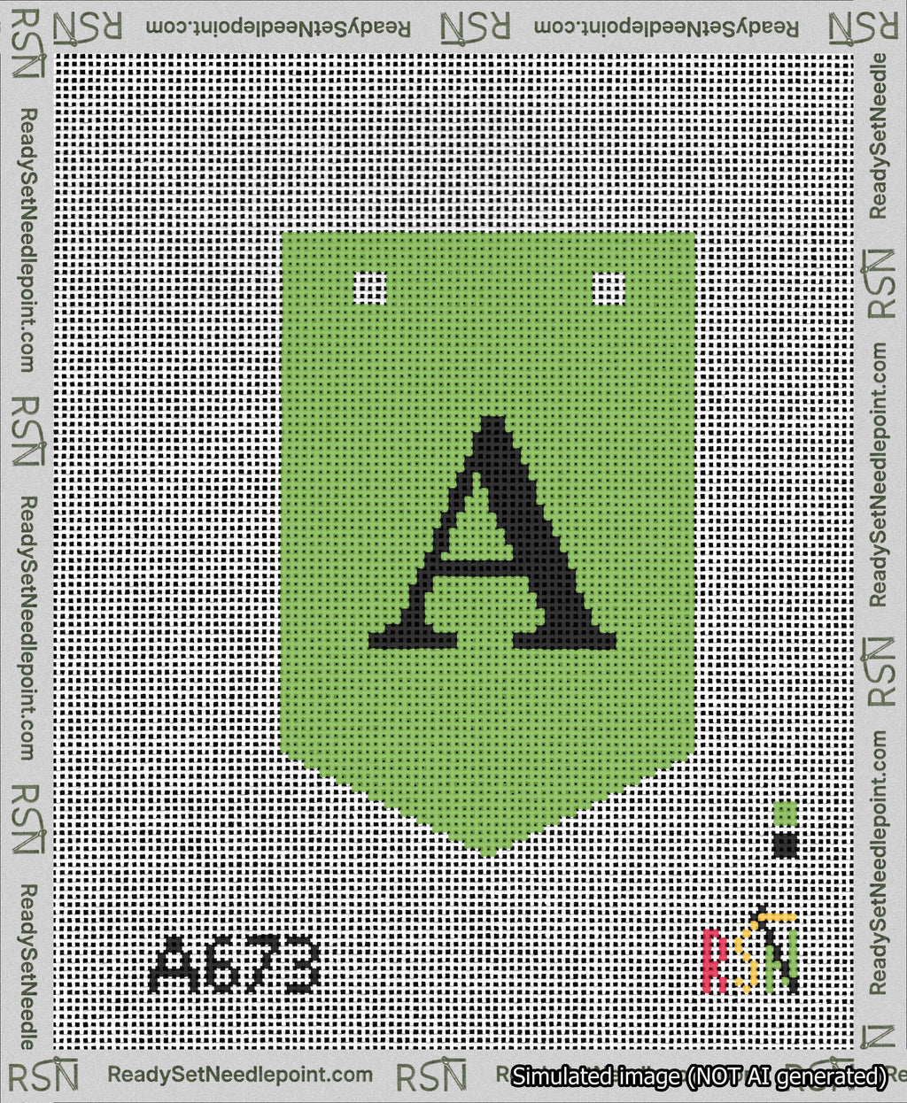 A taped needlepoint canvas with the design: Banner 13 mesh count Pointed A Black on Light Green.