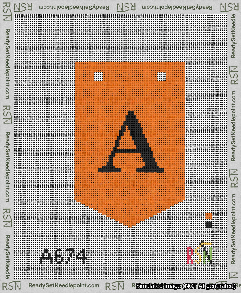 A taped needlepoint canvas with the design: Banner 13 mesh count Pointed A Black on Orange.