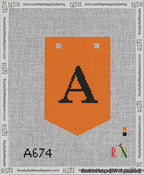 A taped needlepoint canvas with the design: Banner 13 mesh count Pointed A Black on Orange.