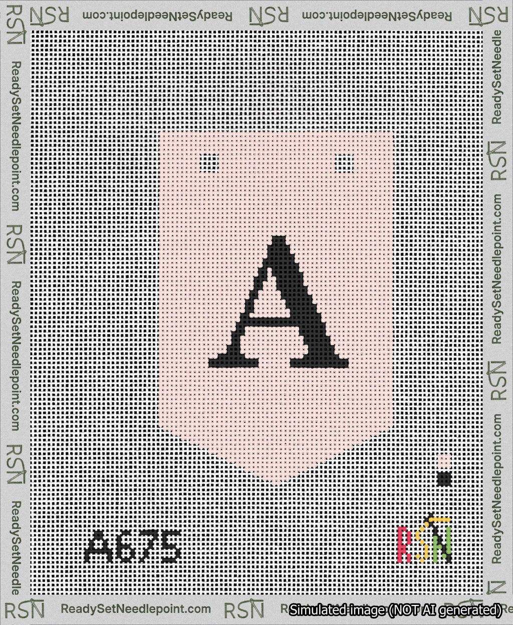 A taped needlepoint canvas with the design: Banner 13 mesh count Pointed A Black on Pink.